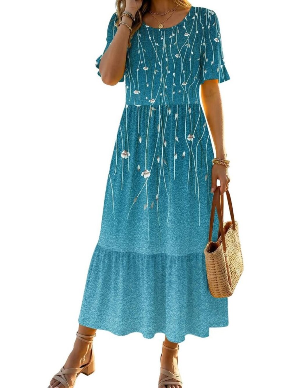 Casual Summer Midi Dress for Women - Flowy Ruffle Short Sleeve Tiered Boho